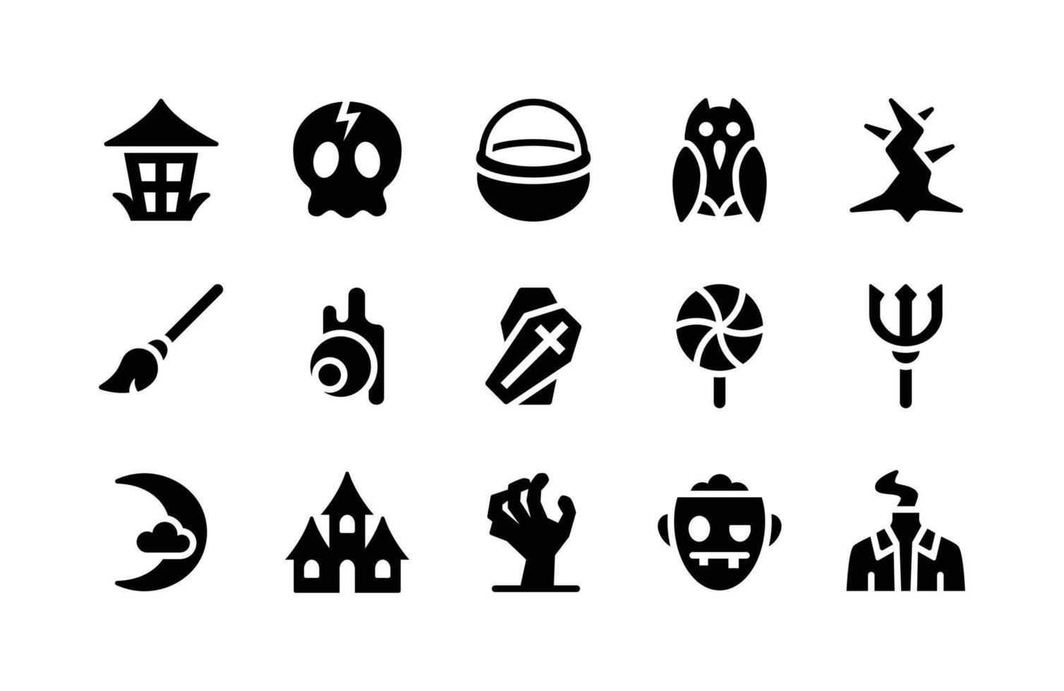Halloween glyph icons including Lamp, Skull,  Couldron, Owl, Tree, Broom, Eyes, Coffin, Candy,Trident, Moon, House, Hand, Zombie, Body vector