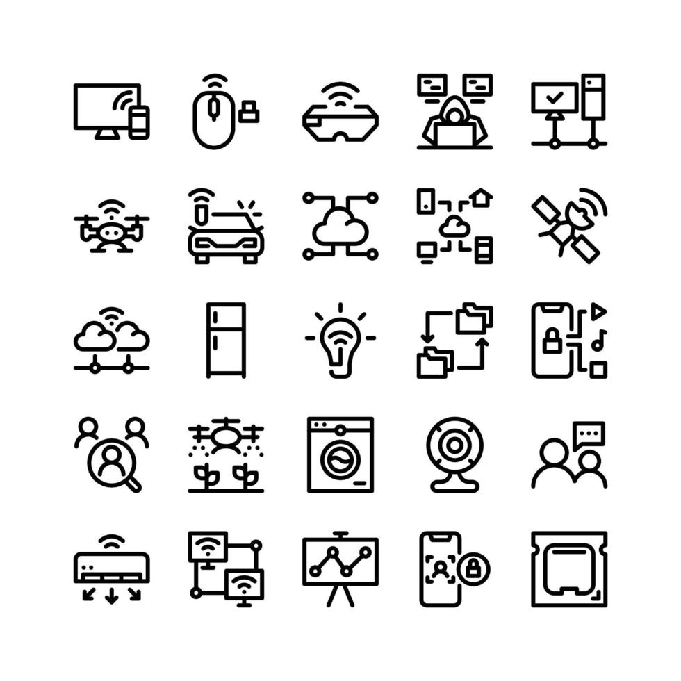 Internet Of Things Line Icons Including Tv, Mouse, Glasses, Hacker, Drone, Car, Cloud, Data, Satellite, Apps, People, Agriculture, Washing Machine, Webcam, Chat, Ac, Monitor, Etc vector