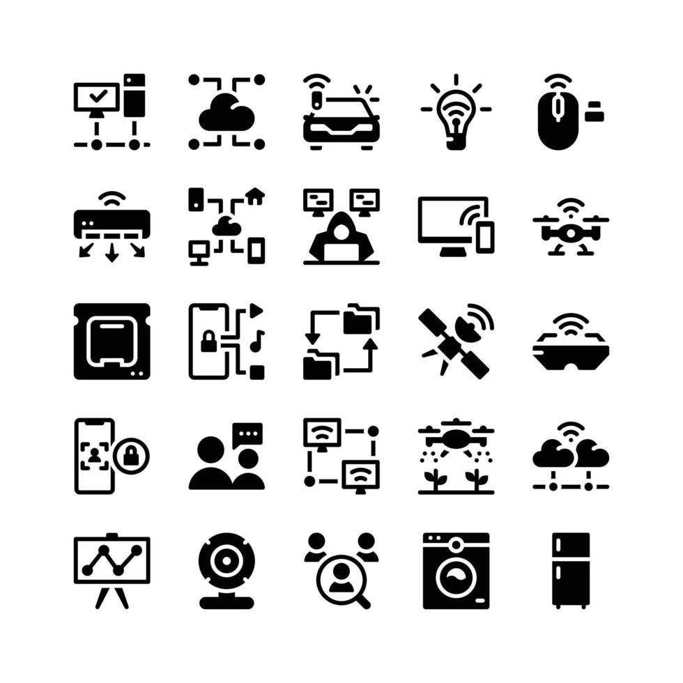 iconos de glifo de internet de las cosas que incluyen computadora, nube, automóvil, bombilla, mouse, ac, datos, pirata informático, televisión, dron, procesador, aplicaciones, satélite, anteojos, reconocimiento facial, chat, agricultura, monitor, cámara web, etc. vector