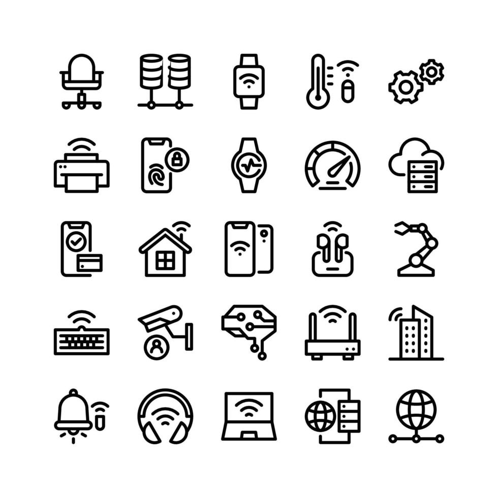 Internet Of Things Line Icons Including Chair, Data, Watch, Sensor, Gear, Printer, Fingerprint, Speedtest, Cloud, Payment, Home, Phone, Airpods, Robot, Keyboard, Camera, Brain, Router, City, Bell, Etc vector