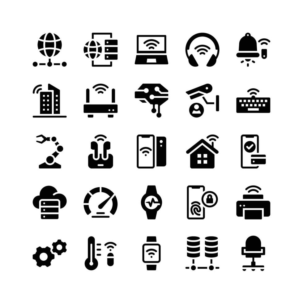 iconos de glifo de internet de las cosas que incluyen red global, servidor, computadora portátil, auriculares, campana, ciudad, enrutador, cerebro, cámara, teclado, robot, airpods, teléfono, hogar, pago, nube, prueba de velocidad, reloj, etc. vector