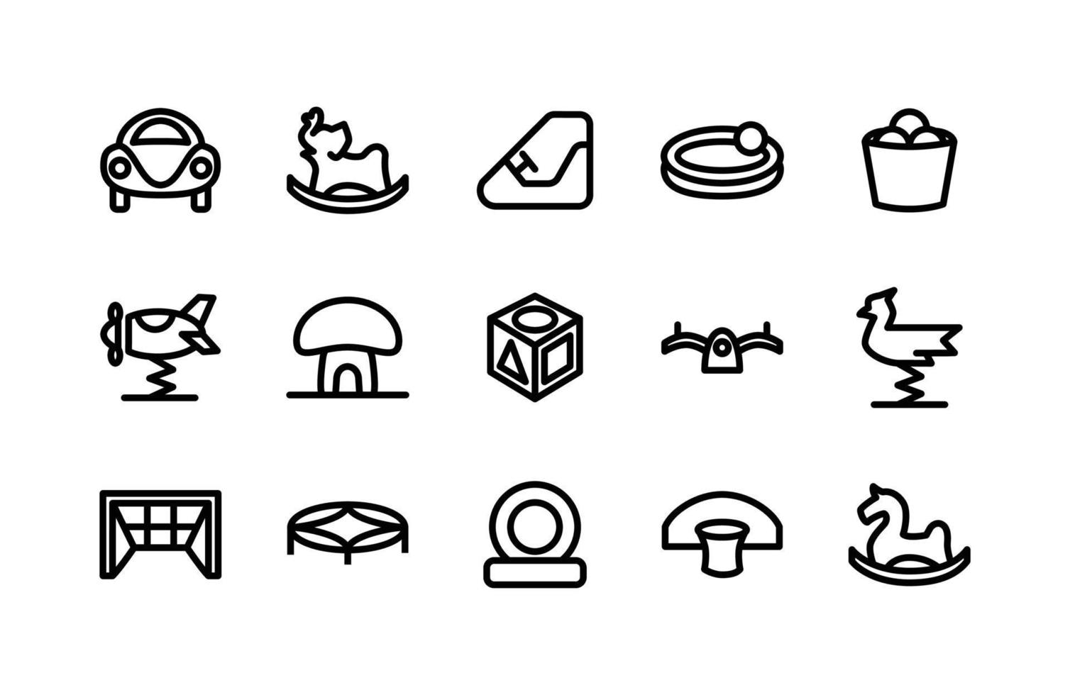 Playground Line Icons Including Car, Elephant, Bumper Car, Sandbox, Bucket, Helicopter, Mushroom, Cube, Seesaw, Roster, Wicket, Trampoline, Tire, Basketball, Horse vector