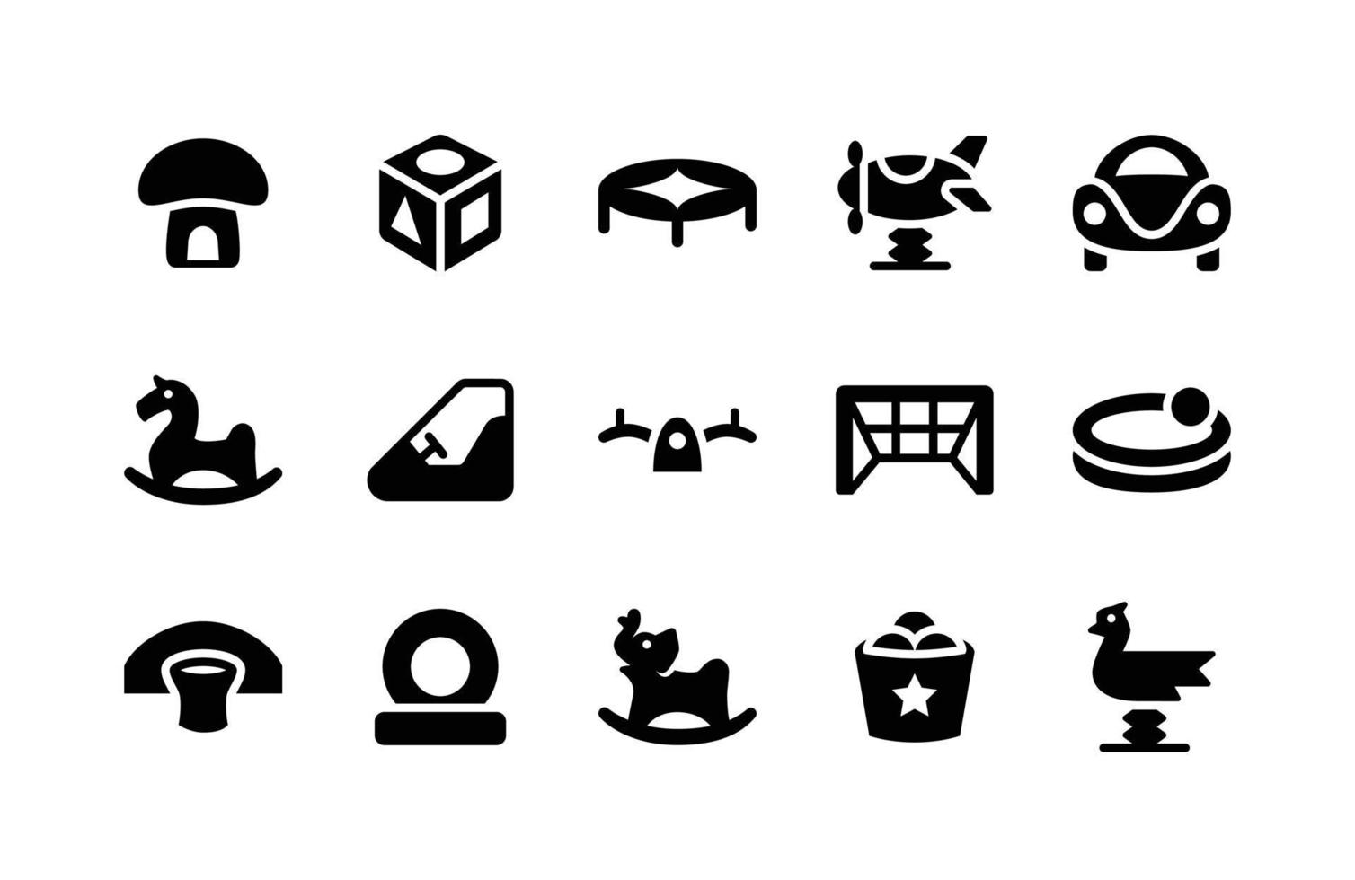 Playground Glyph Icons Including Mushroom, Cube, Trampoline, Helicopter, Car, Horse, Bumper Car, Seesaw, Wicket, Sandbox, Basketball, Tire, Elephant, Bucket, Roster vector