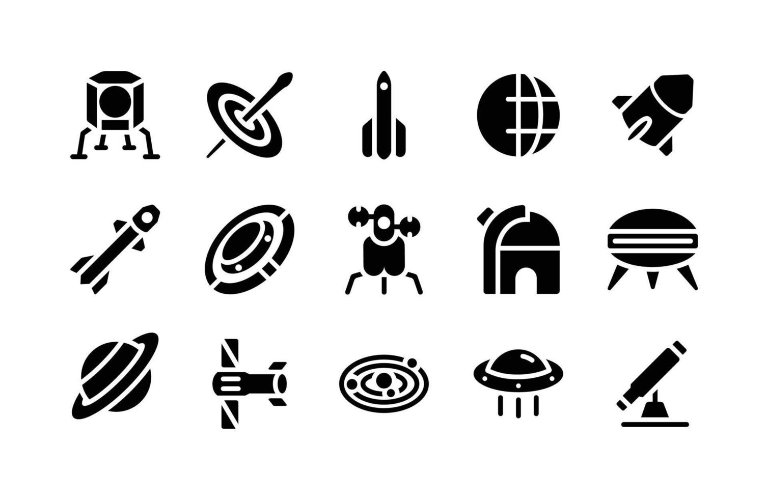 Space Glyph Icons Including Moon Lander, Black Hole, Rocket, Earth, Spacecraft, Rocket, Disc, Moon Lander, Observatory, Ufo, Saturn, Telescope, Solar System, Ufo, Telescope vector