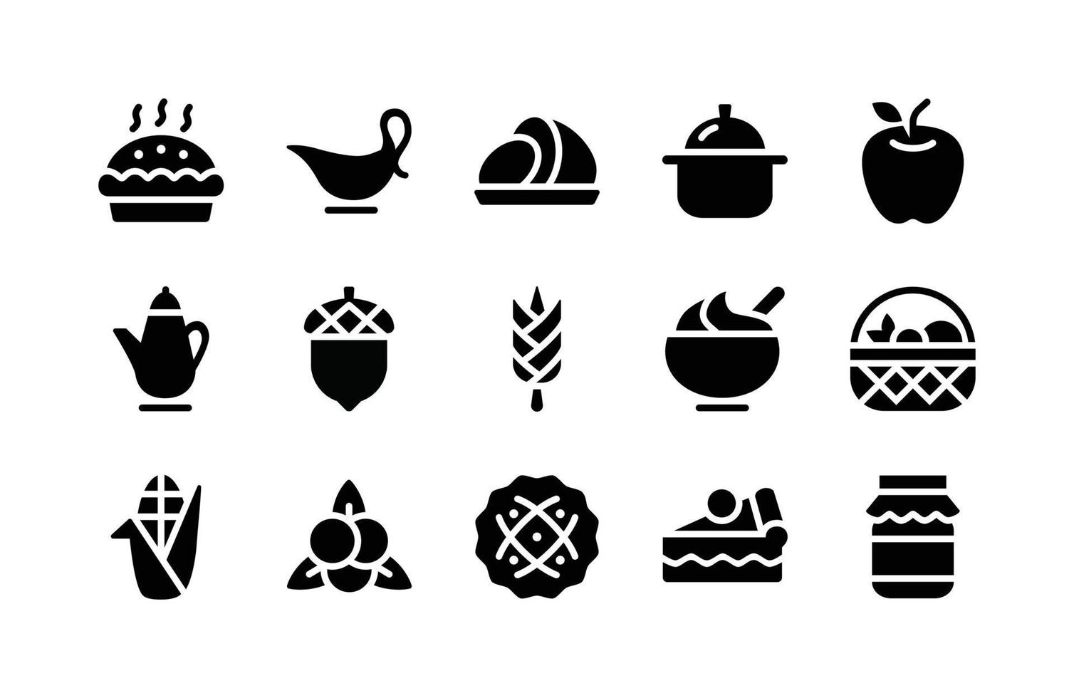íconos de glifos de acción de gracias que incluyen pastel, bote de salsa, jamón, olla, manzana, tetera, bellota, trigo, avena, mimbre, maíz, arándano, pastel, pastel, mermelada vector