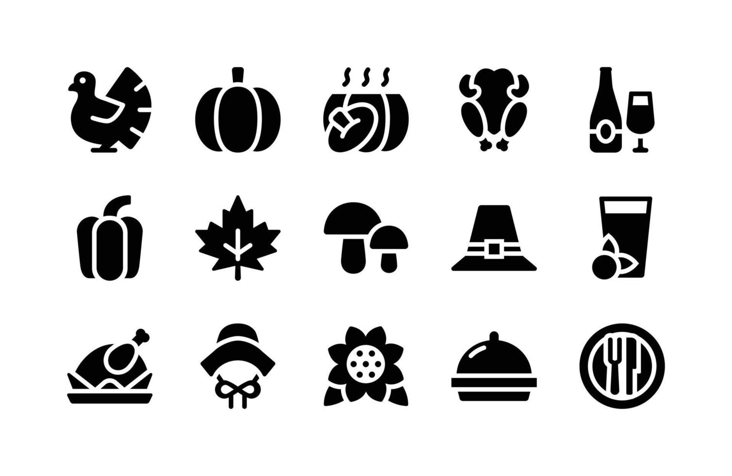 Thanksgiving Glyph Icons Including Turkey, Pumpkin, Pumpkins, Roast Chiken, Bottle, Paprika, Leaf, Mushroom, Hat, Drink, Roast Chiken, Hat, Sunflower, Cloche, Plate vector