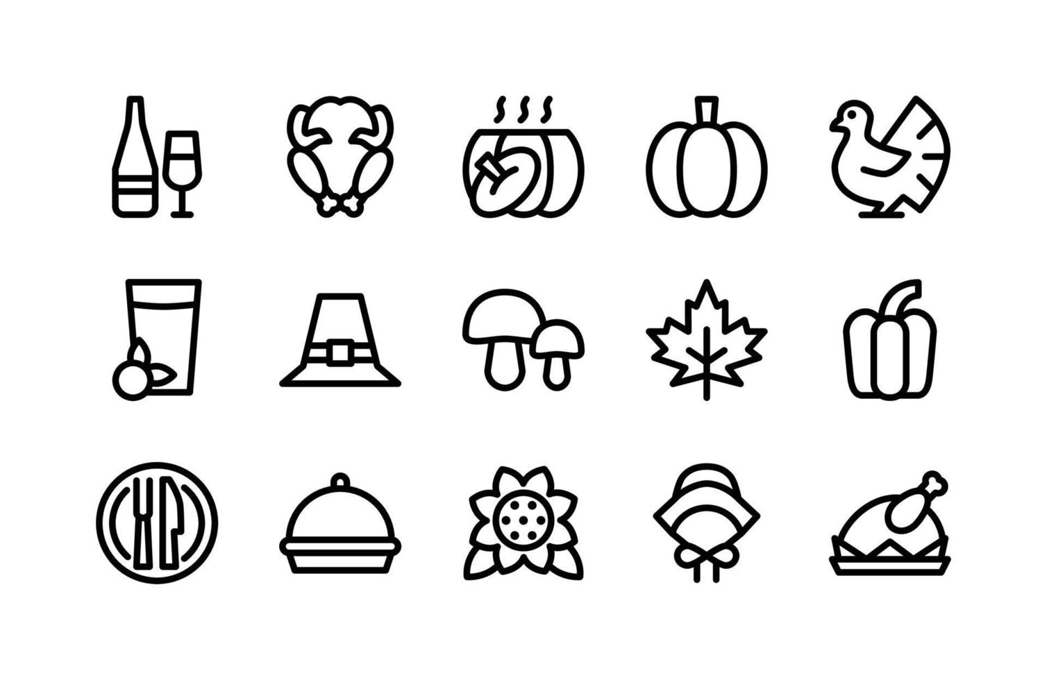 Thanksgiving Line Icons Including Bottle, Roast Chiken, Pumpkins, Pumpkin, Turkey, Drink, Hat, Mushroom, Leaf, Paprika, Plate, Cloche, Sunflower, Hat, Roast Chiken vector