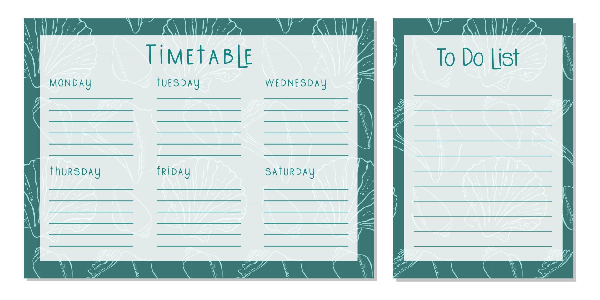 Timetable ,seashells, Class schedule, weekly calendar and to-do list. Weekly schedule. Organizer information template. Empty school timetable. Empty to-do list. Planning sheet planning. vector