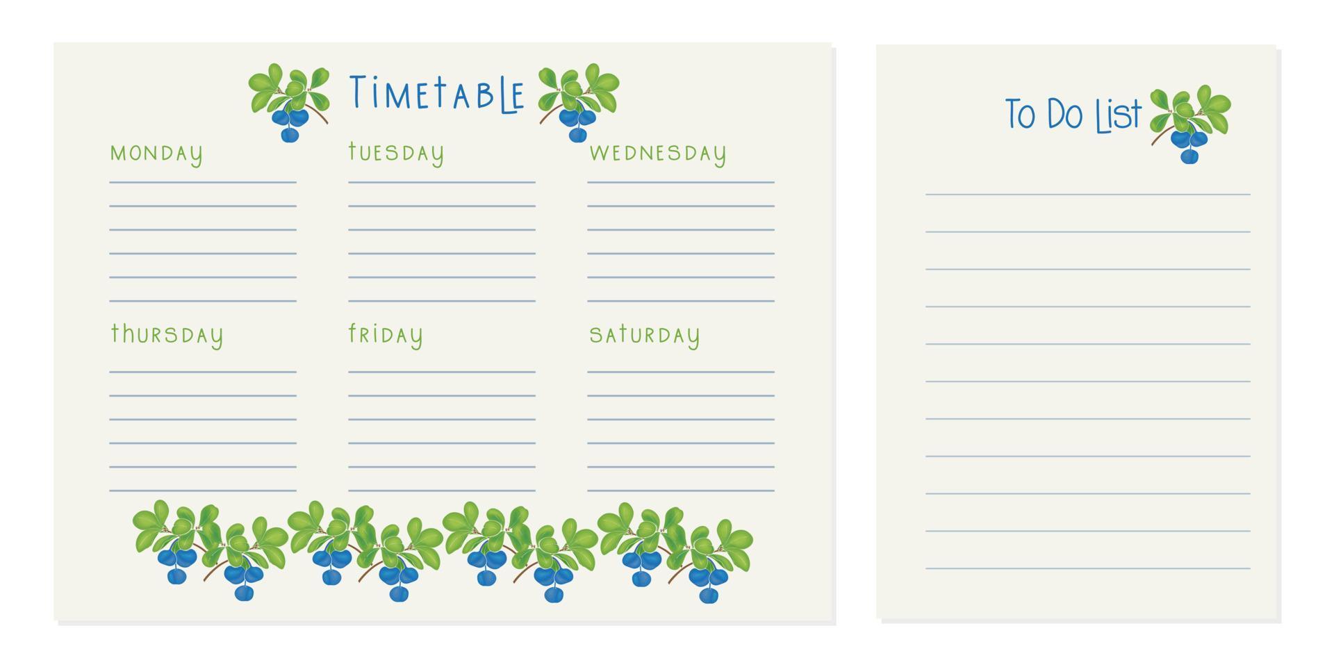 Timetable Blueberry , Class schedule, weekly calendar and to-do list. Weekly schedule. Organizer information template. Empty school timetable. Empty to-do list. Planning sheet planning. vector