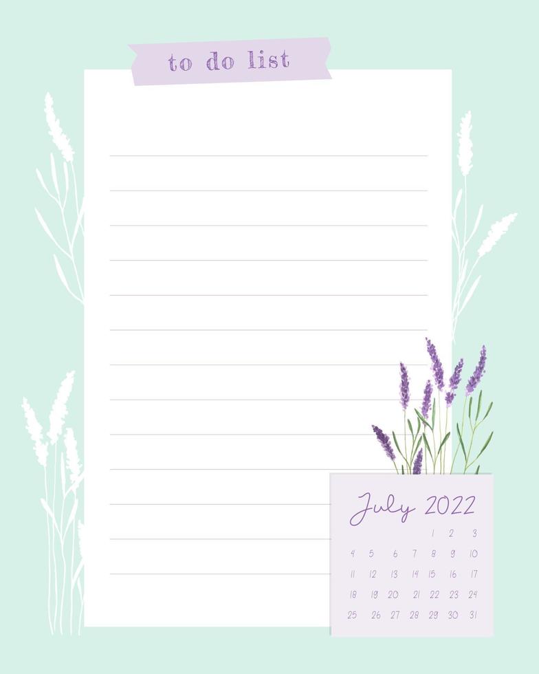 Calendar July 2022 To do list , template, blank, lavender watercolor stamp, scrapbooking, plans, vintage. vector