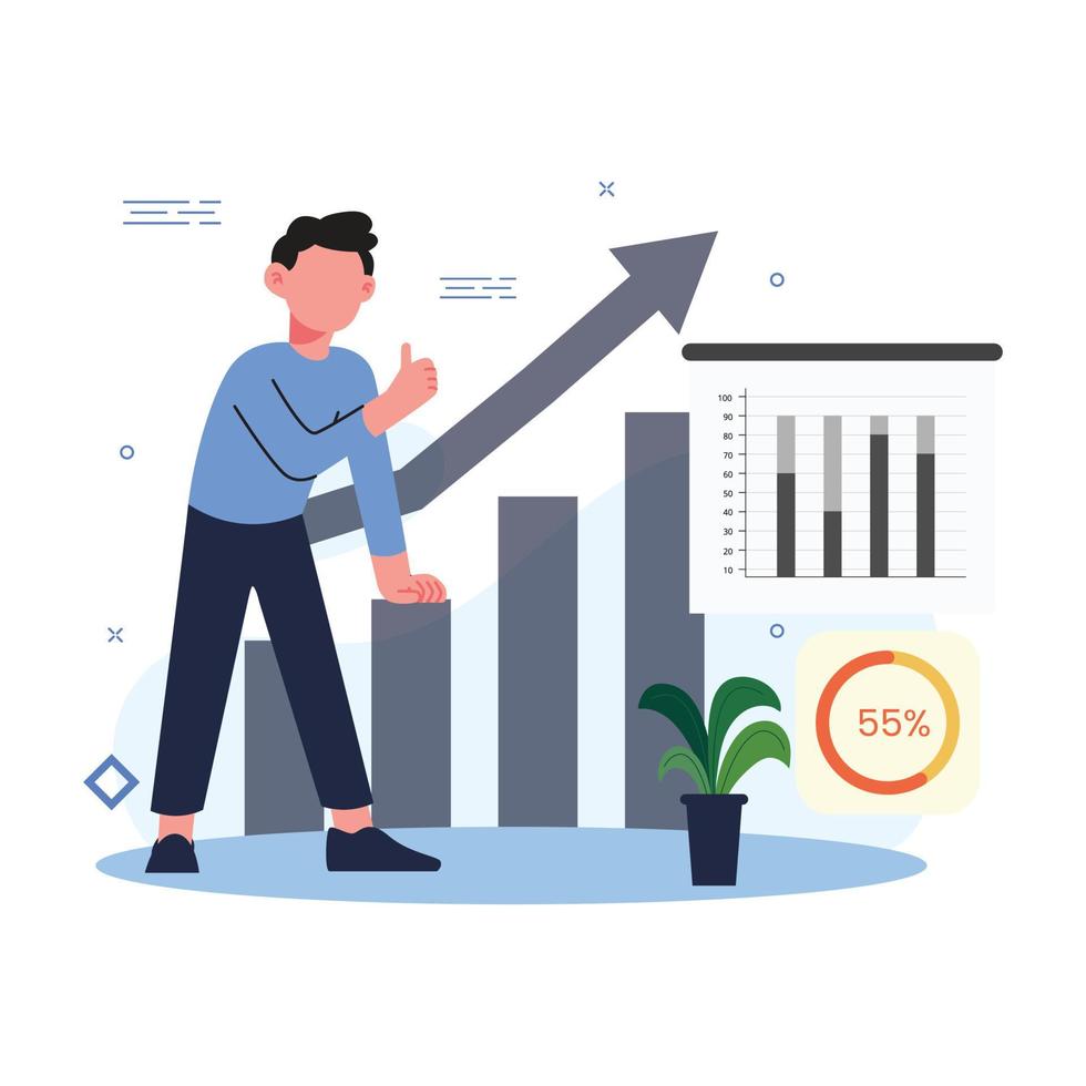 Investor with laptop monitoring growth of dividends. trader sitting on stack of money, investing capital, analyzing profit graphs. vector illustration for finance, stock trading, investment