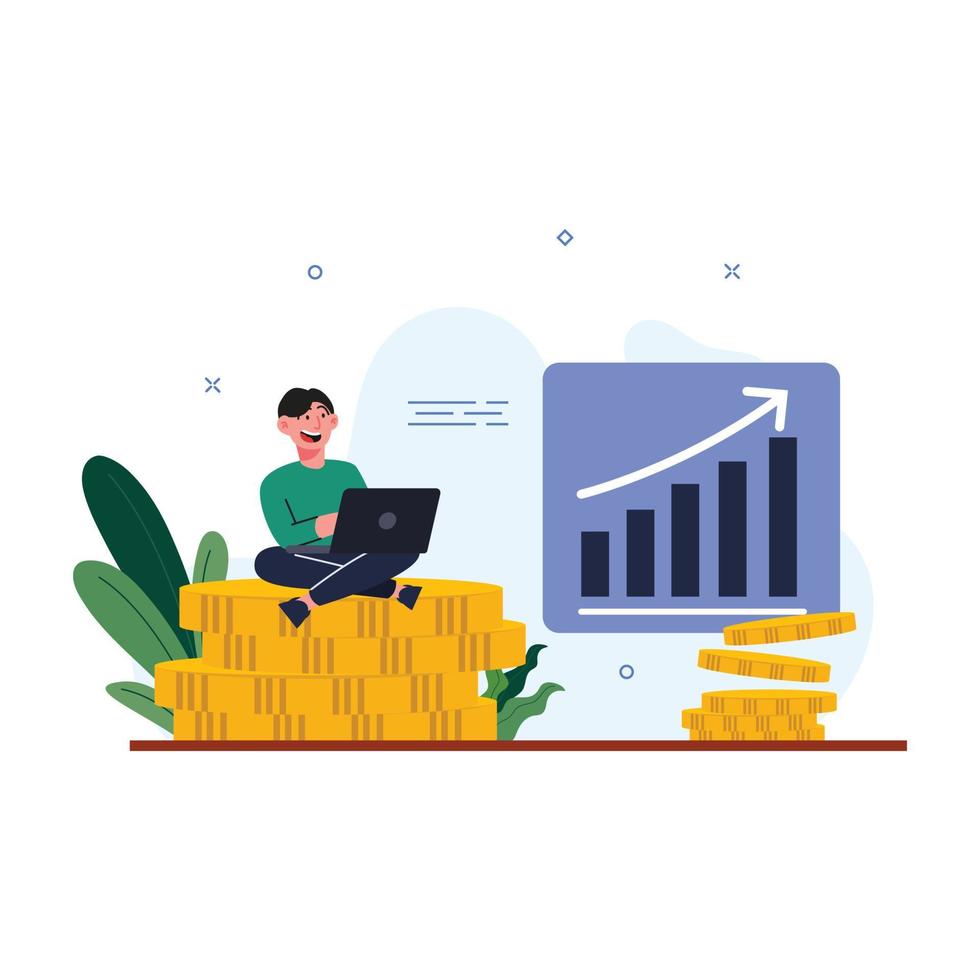 Investor with laptop monitoring growth of dividends. trader sitting on stack of money, investing capital, analyzing profit graphs. vector illustration for finance, stock trading, investment