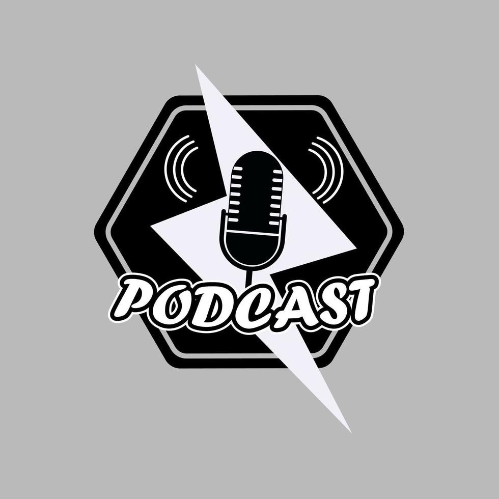 diseño de logotipo de podcast o radio con micrófono de estilo antiguo vector