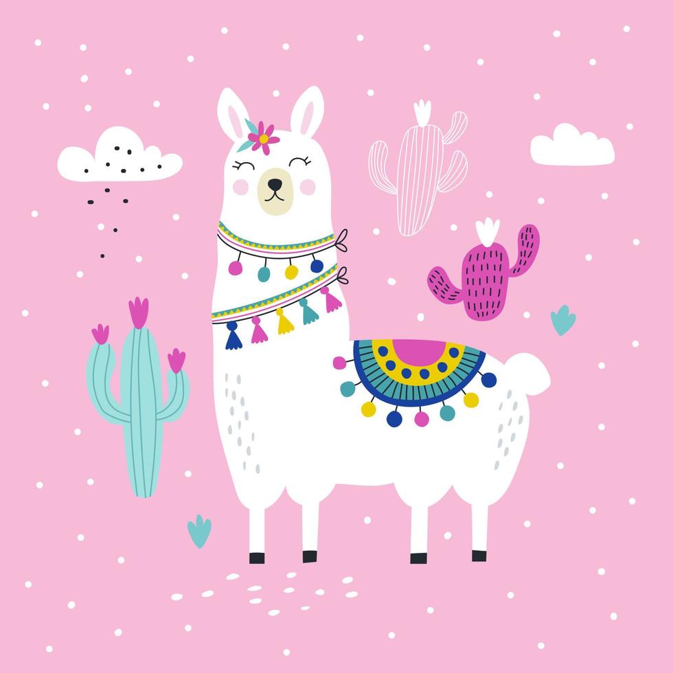 Card with cute llama. Vector illustrations