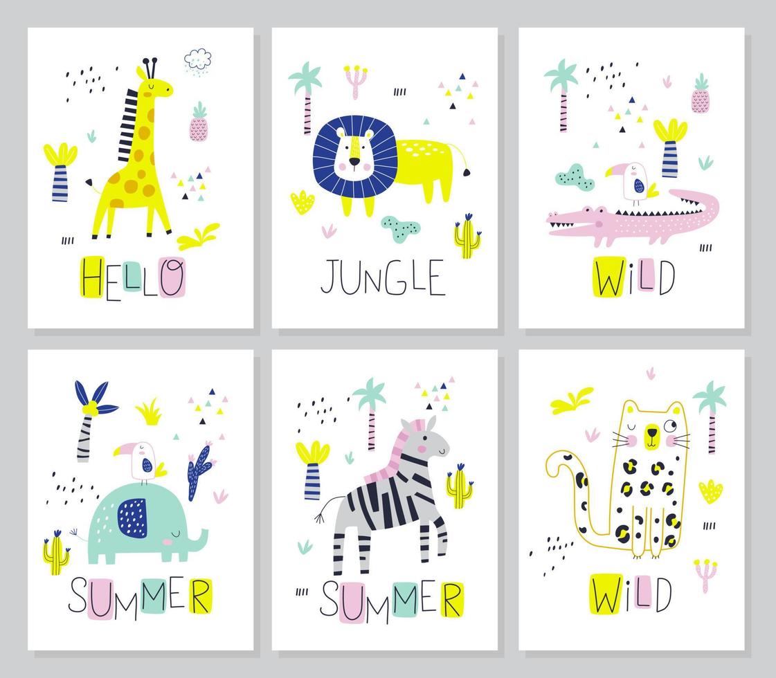 Card set with jungle animals. Vector cartoon illustration