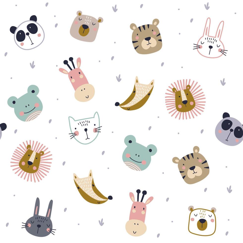 Seamless pattern with cute animals faces. Childish print. Vector cartoon illustration