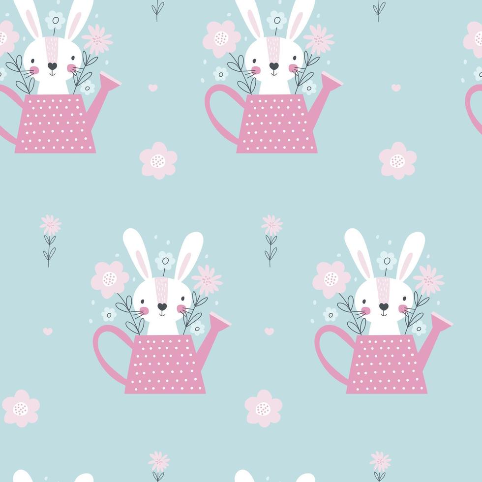 Rabbit in a watering can seamless pattern. Vector illustration