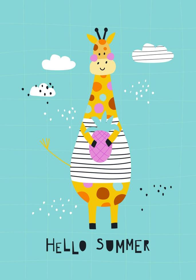 Greeting card hello summer with cute cartoon giraffe. Vector illustration