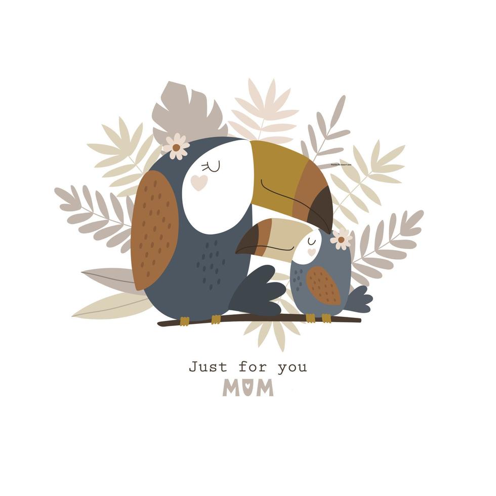 tarjeta del día de la madre feliz con lindos tucanes. ilustración vectorial vector