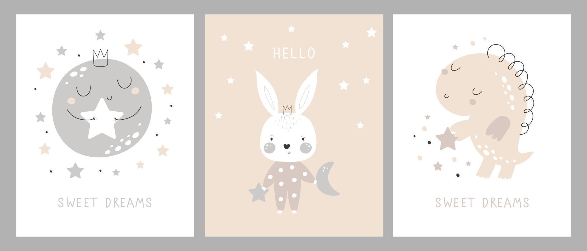 Set of cards with cute cartoon characters and phrases. Childish background with moon, stars, cloud, rabbit, dino. Vector illustration