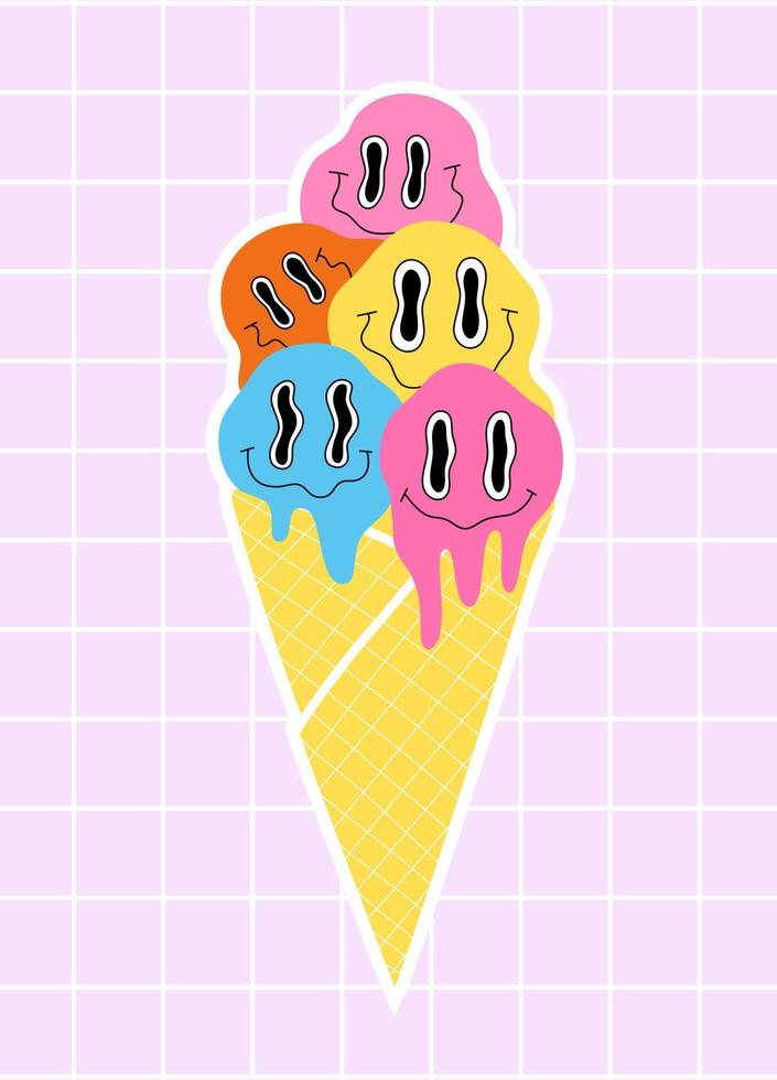 Melted ice cream smiley faces. Trippy isolated vector sticker. Psychedelic retro emoji. Distorted smile illustration.