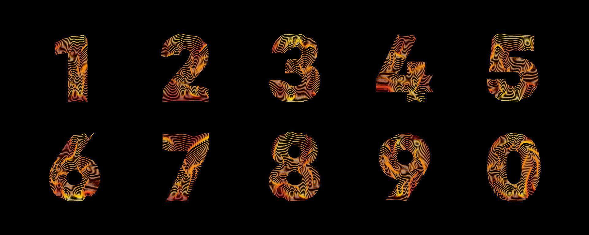 Wavy line number set. Numbers with motion wave. Number logo with colorful twisted lines. Creative vector illustration with zebra, sea, print and wavy pattern lines.