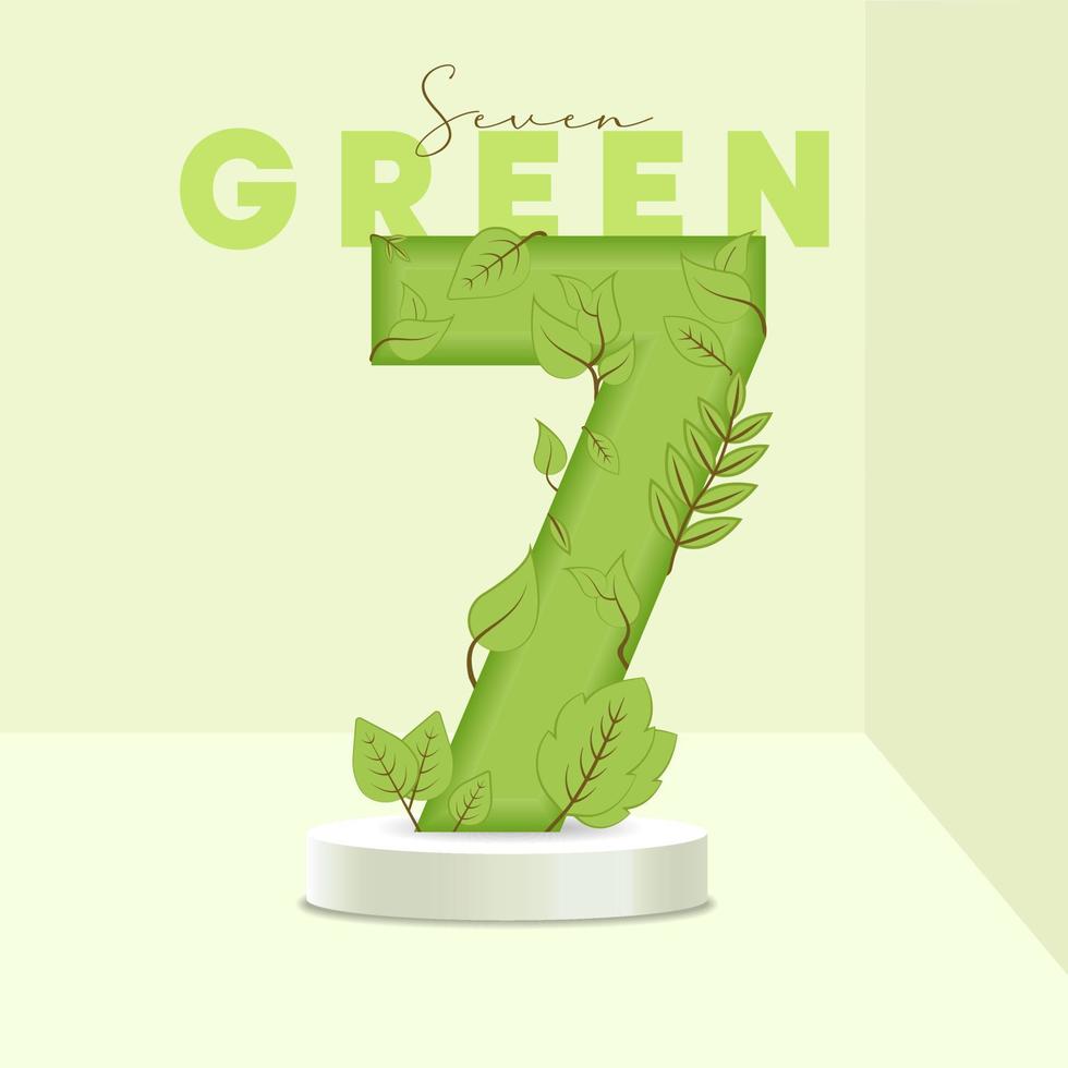 Number 7 leaves and branches on the stand. Leaves font. 7 symbol with green plant texture. Eco symbol collection. Vector design piece and template illustration.