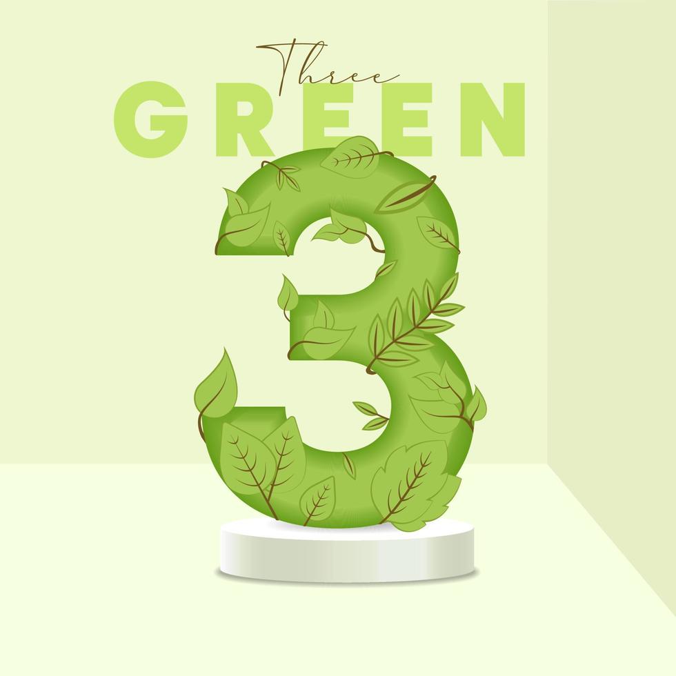 Number 3 leaves and branches on the stand. Leaves font. 3 symbol with green plant texture. Eco symbol collection. Vector design piece and template illustration.