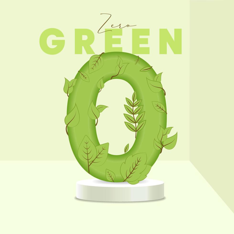 Number 0 leaves and branches on the stand. Leaves font. 0 symbol with green plant texture. Eco symbol collection. Vector design piece and template illustration.