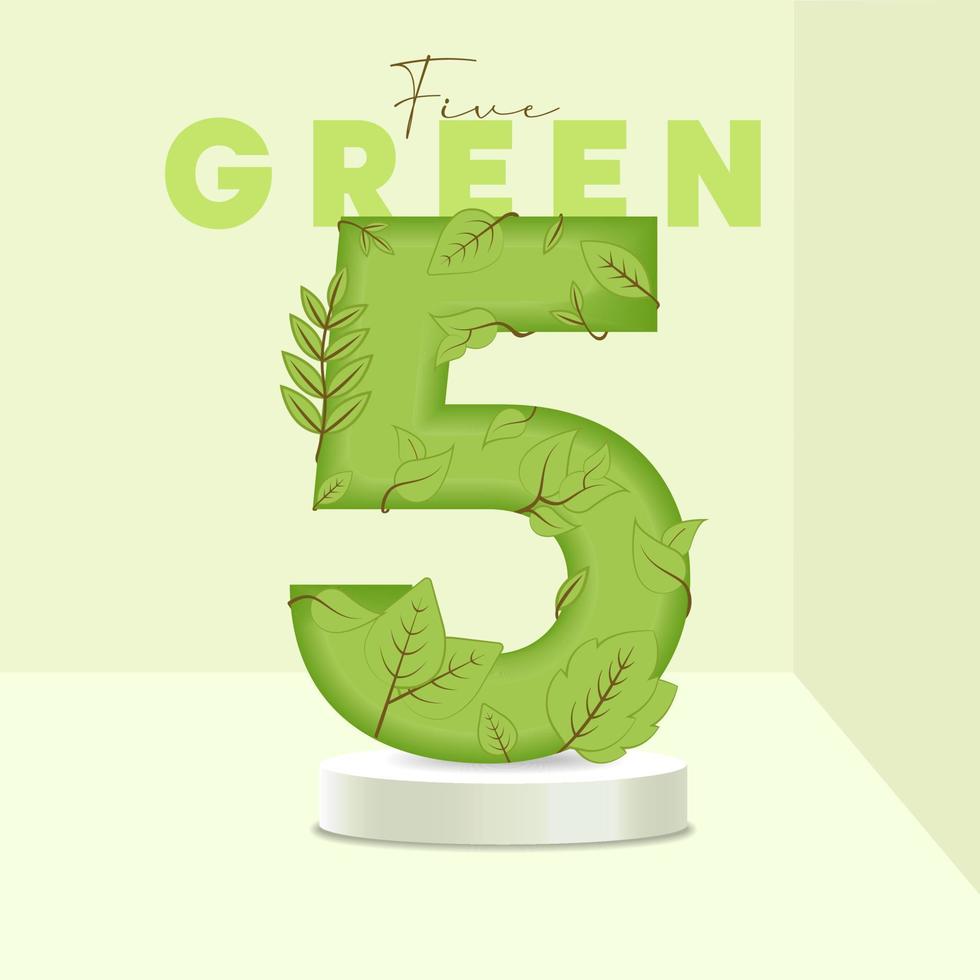 Number 5 leaves and branches on the stand. Leaves font. 5 symbol with green plant texture. Eco symbol collection. Vector design piece and template illustration.