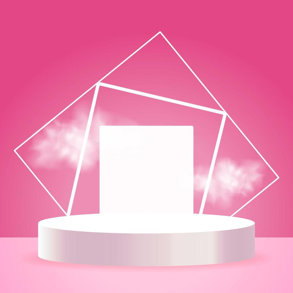 Squares and podium with rhombus frame standing on pink pastel background. 3d pedestal for product vector illustration. Scene with glitter glowing rectangle. Abstract realistic decoration.