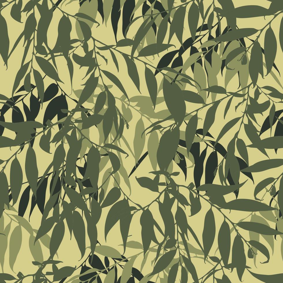 Camouflage seamless pattern with leaves. Military camo background with twigs. Design for fabric, textile, wallpapers and etc. Vector illustration.