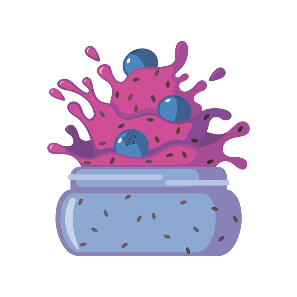 Blueberry Jam icon with chia seeds in flat style isolated on white background. Vector illustration. Cartoon tasty jam in jar.