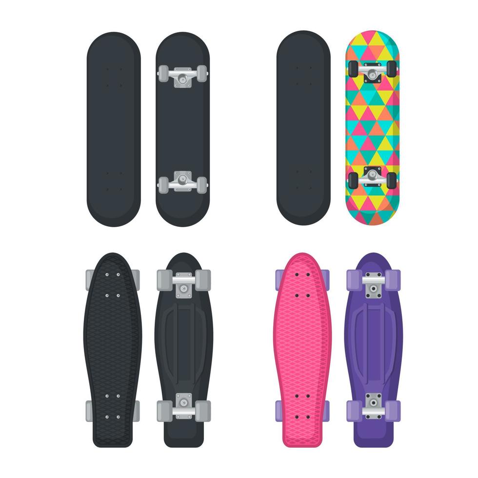 Set of skateboard and longboard icons in flat style isolated on white background. Extreme sport. Vector illustration.