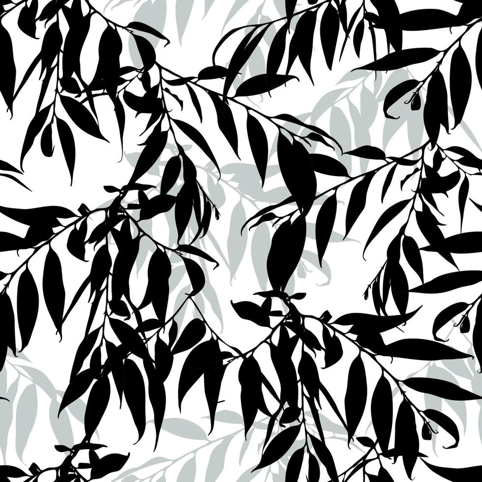 Monochrome cute seamless pattern with willow sprigs. Black and white leaves background. Vector illustration.