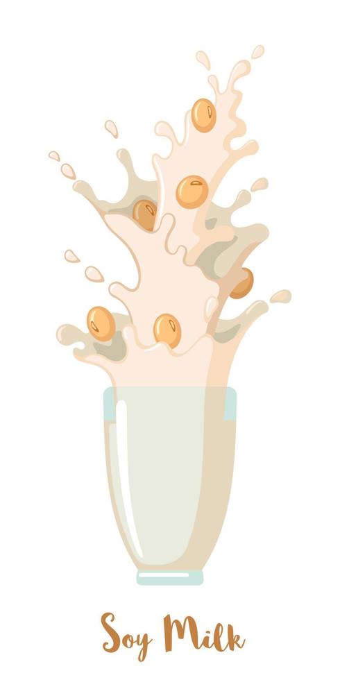 Soy milk icon in flat style isolated on white background. Soy beans in splash milk. Healthy drink. Vector illustration