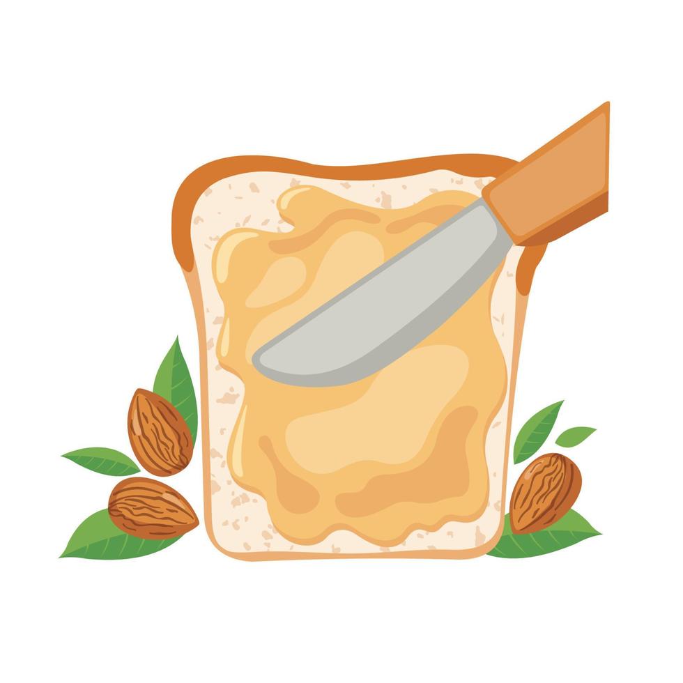 mantequilla de almendras en pan de estilo plano aislado en fondo blanco. delicioso desayuno con tostadas de mantequilla. ilustración vectorial vector