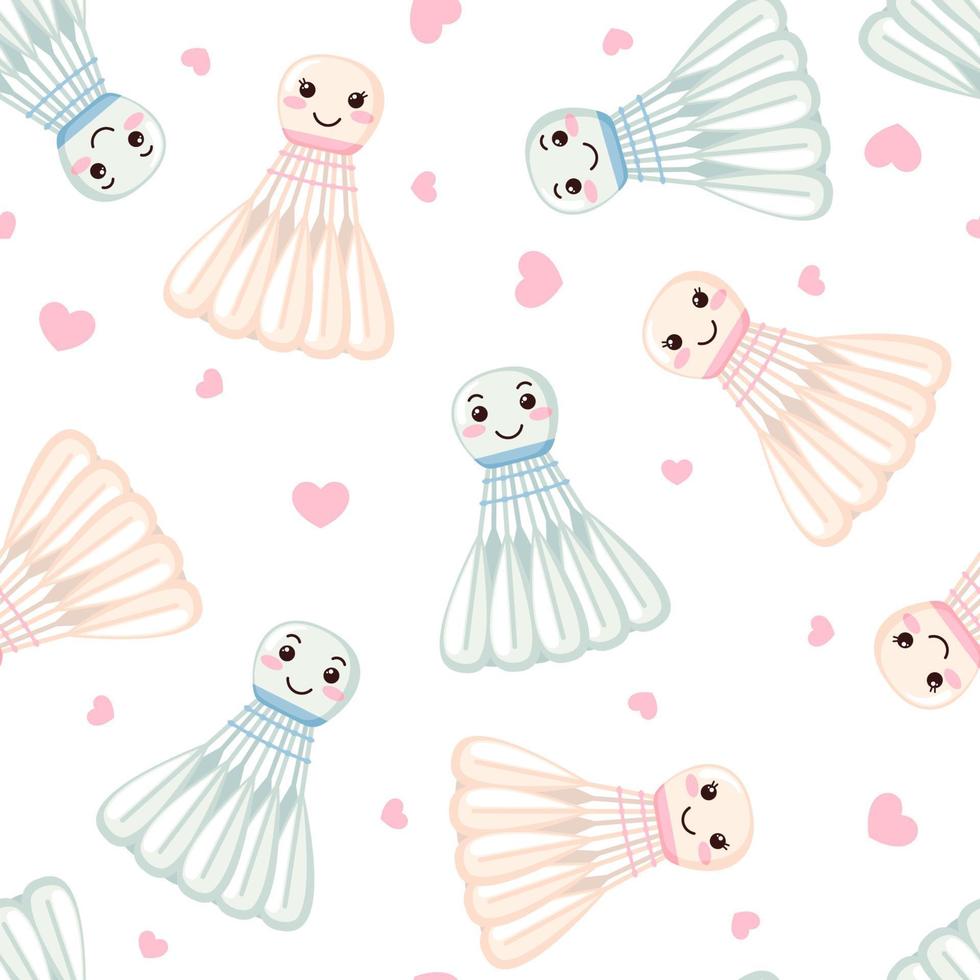 Seamless pattern with cute Shuttlecocks in kawaii style falling in love isolated on white background. Cartoon shuttlecock for badminton game. Vector illustration.