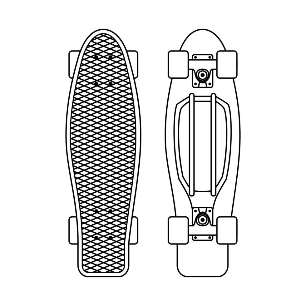 Longboardicon in line art style isolated on white background. Top and back view. Vector illustration.