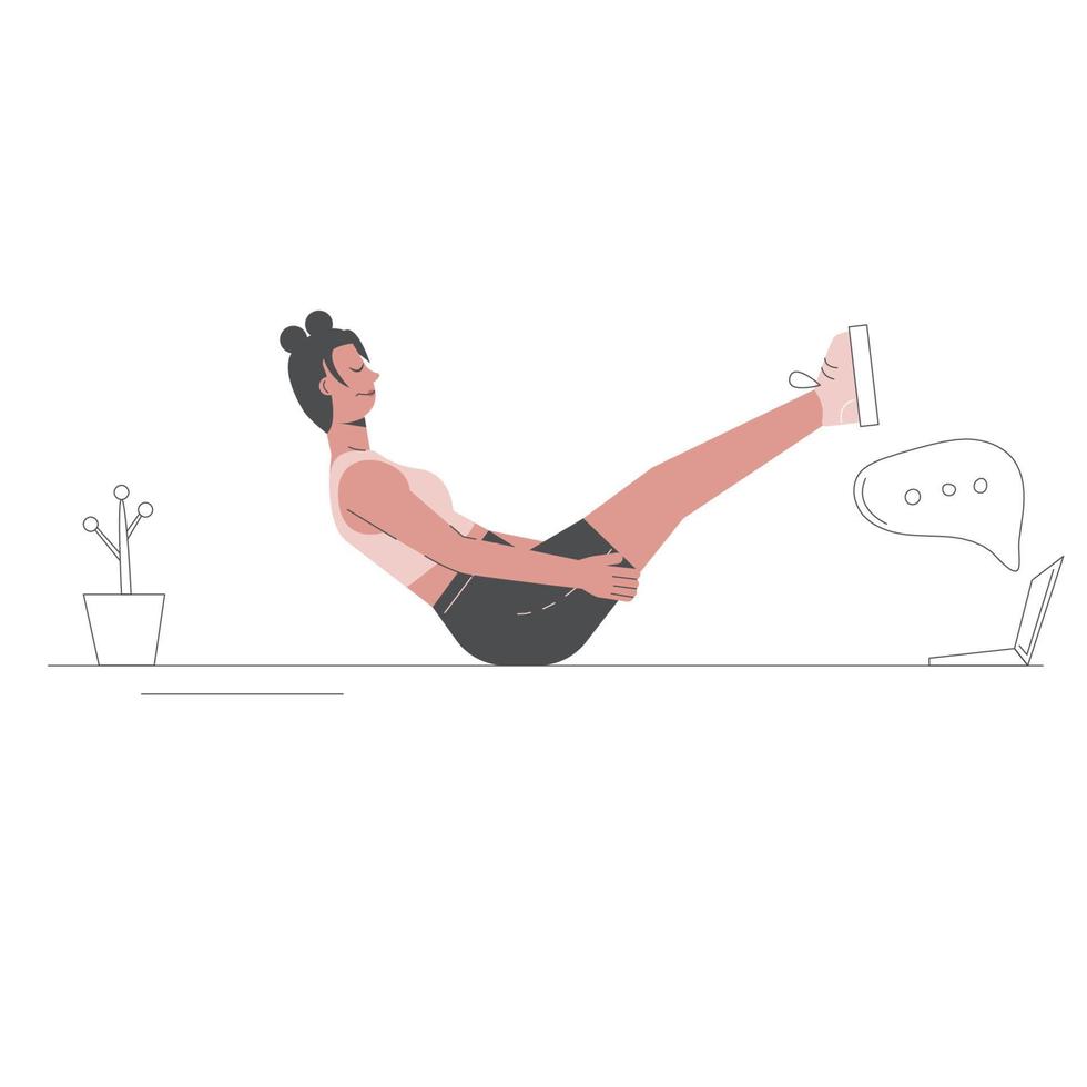 Woman doing hold v exercise, woman workout fitness, aerobic and exercises.Workout for balance. Fitness and health concepts. Vector flat illustration. Online training concept.