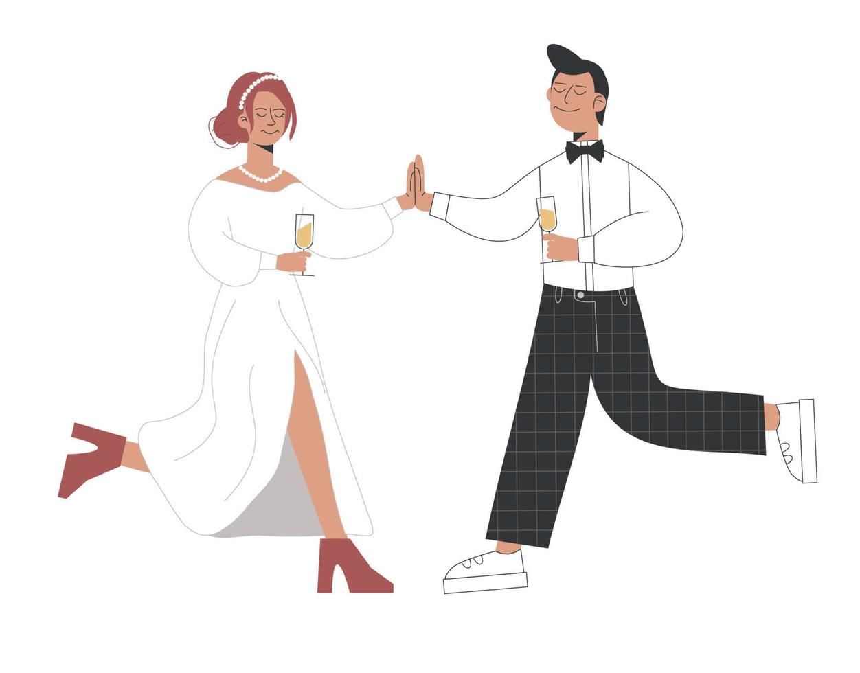 pareja de novios con una bebida tomados de la mano. concepto de vacaciones y amor. los recién casados se van a casar. vector