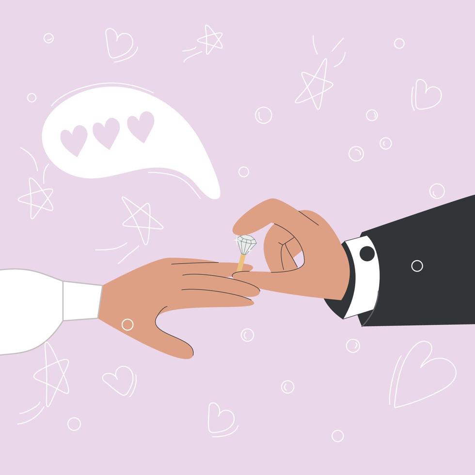 The man puts a wedding ring on the woman's finger. Wedding couple are getting married. The concept of love. vector