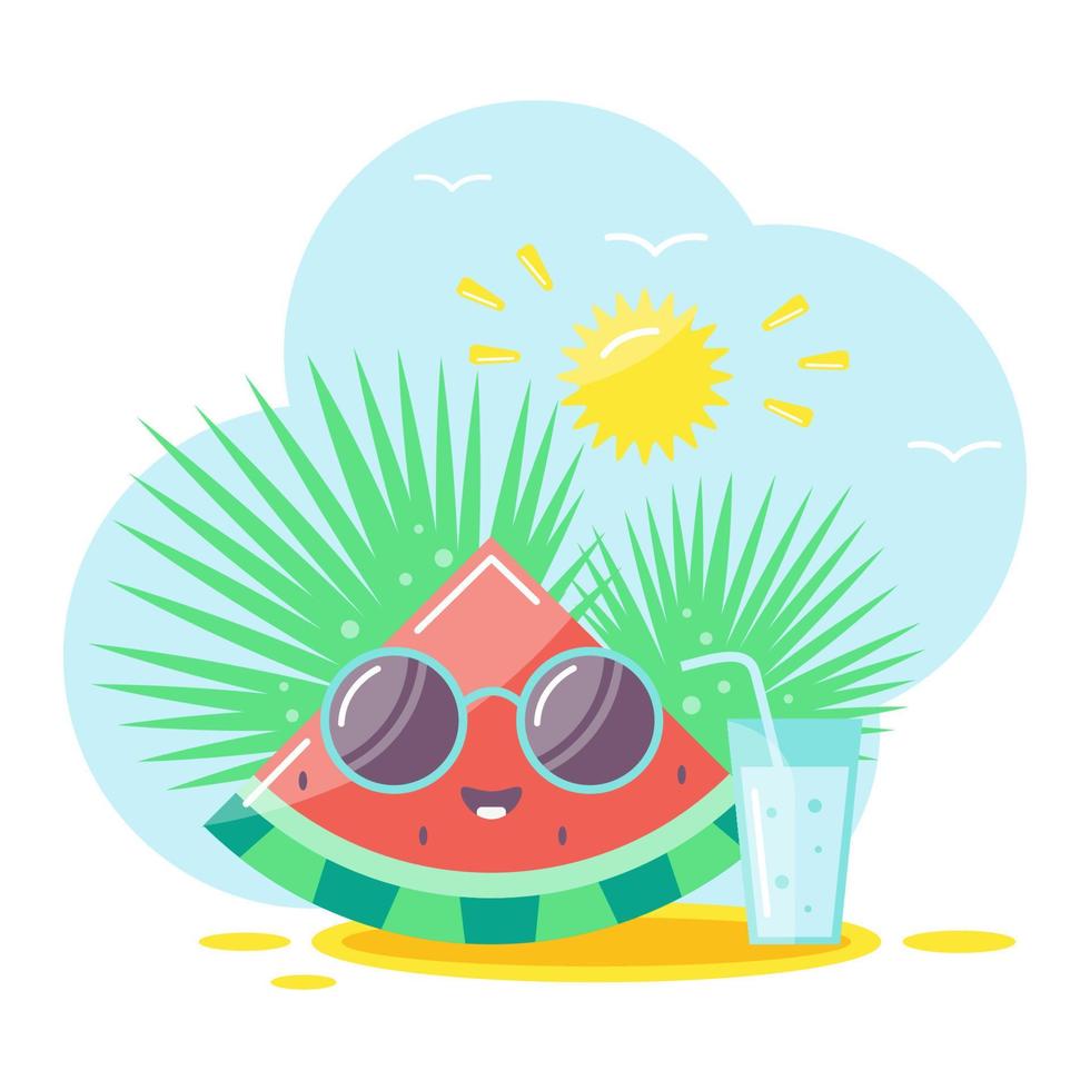 ilustración vectorial de sandía con gafas de sol en la playa vector