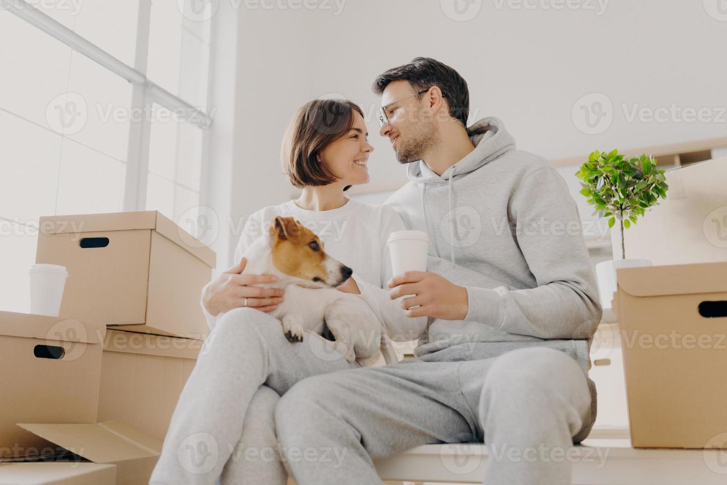 Indoor shot of affectionate woman and man express love to each other, have good relationship, drink coffee, pose with favourite pet, have to unpack many cardboard boxes, bought new apartment photo