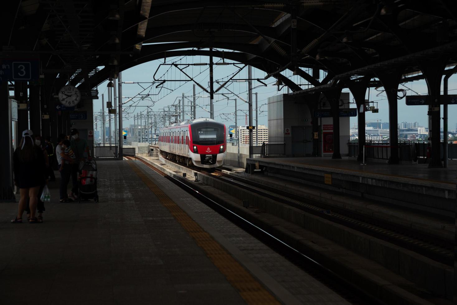 Bangkok, Thailand-June 5, 2022-Red line sky train approaching Don Muang station. photo