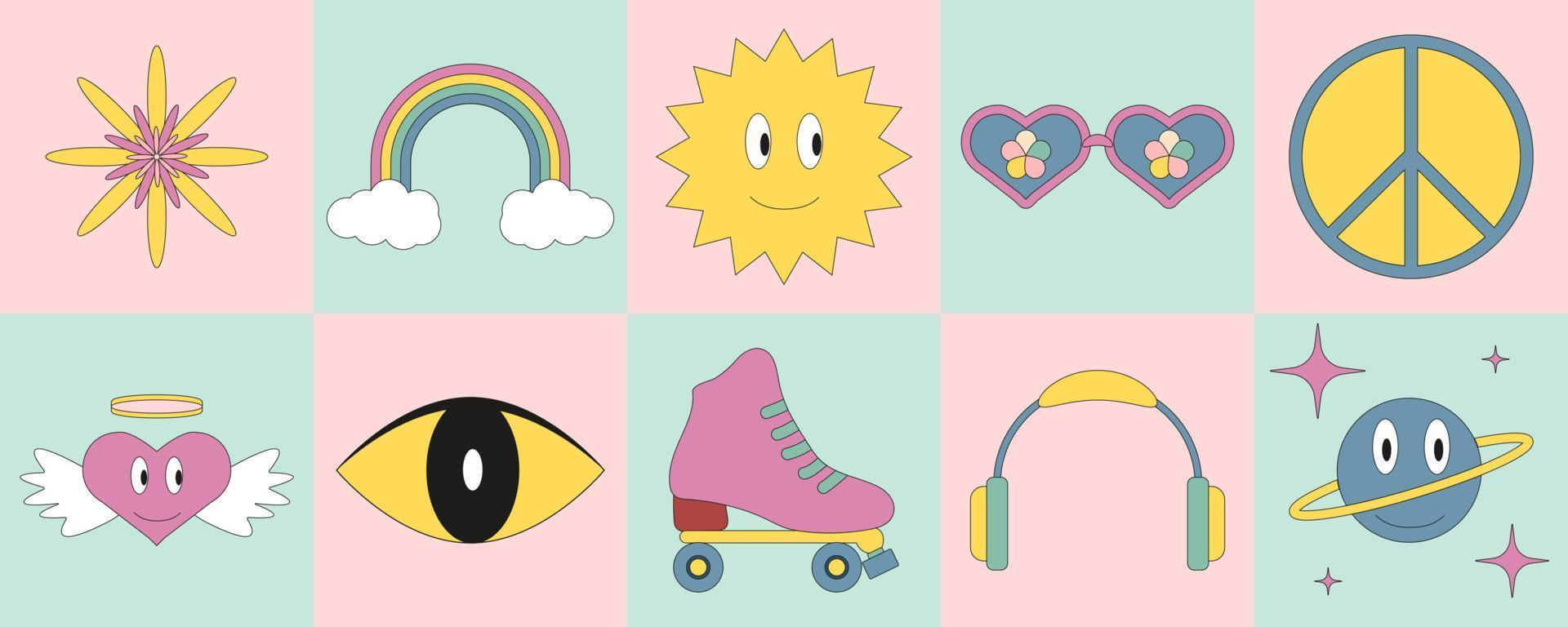 Funny retro cartoon characters. Psychedelic vintage cards with rainbow, sunglasses, sun and heart with wings and ring. Graphic elements for poster templates vector
