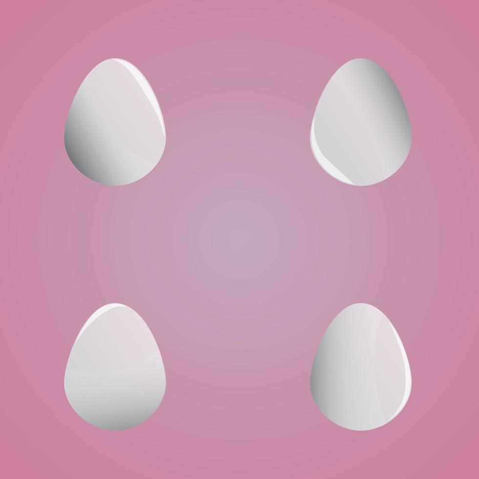 Set of white eggs with shadows and glares on magenta background. Realistic eggs in different positions. Vector illustration with 3d decorative objects for Easter design.