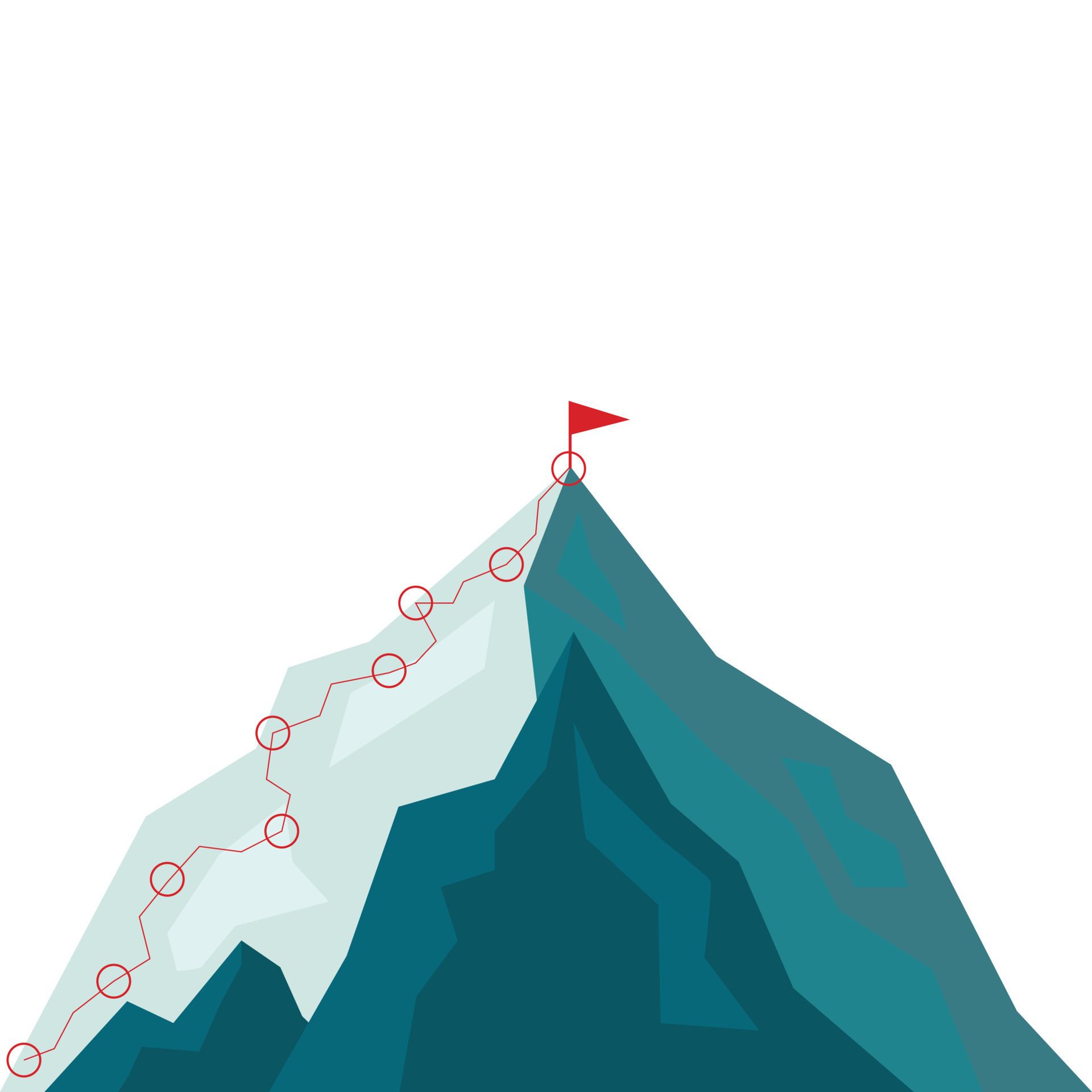 Mountain climbing route to peak in flat style. Business journey path in