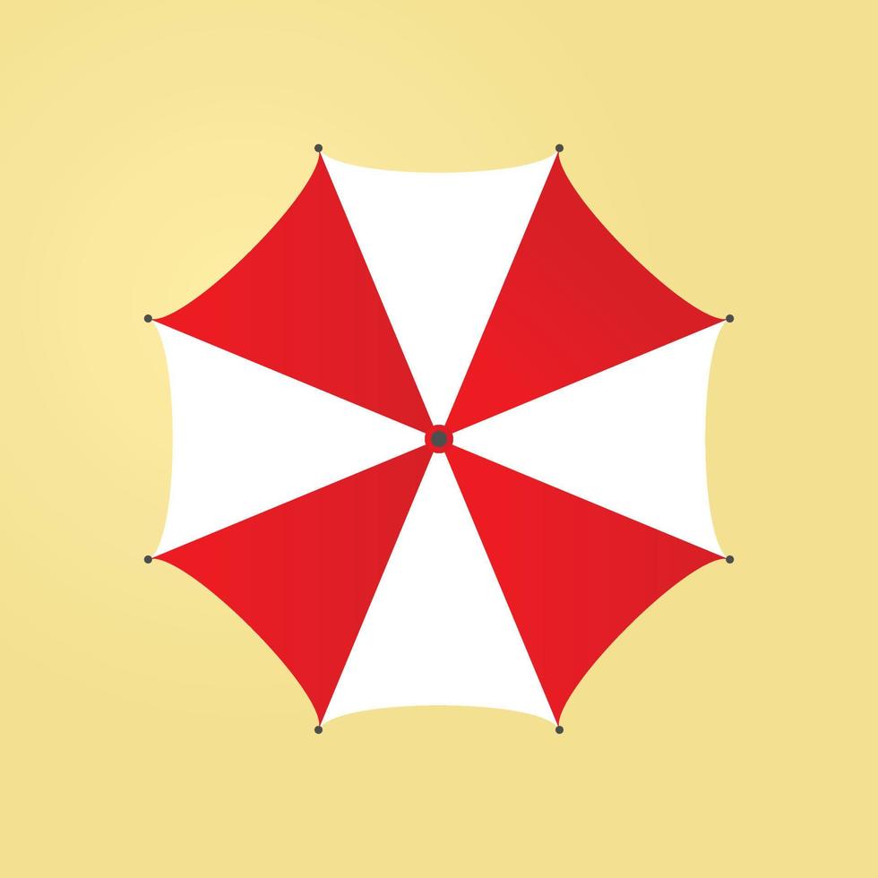 Red and white beach umbrella on sand background, top view. Vector illustration