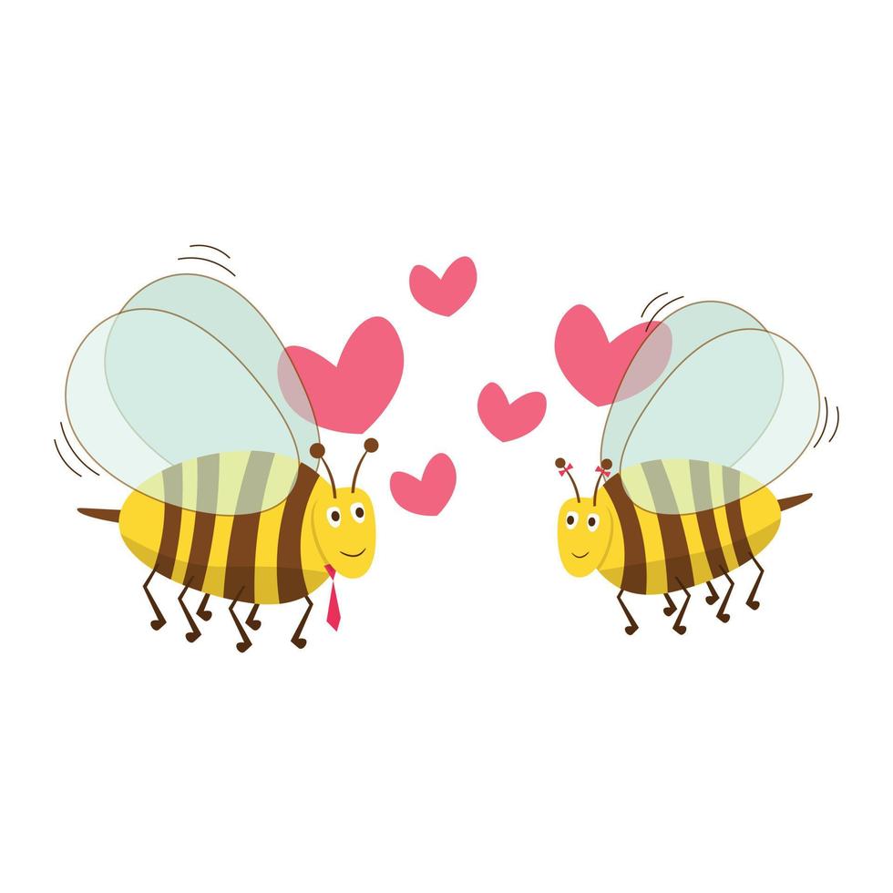 fondo del día de san valentín con lindos dibujos animados de abejas y símbolo de signo de corazón en la ilustración de vector de fondo blanco. amor abeja